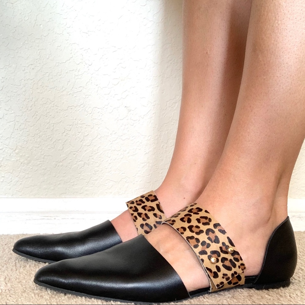 Black Leather & Calf Hair Leopard Flats